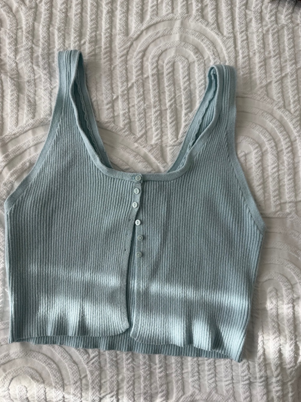 Kendall & Kylie Pale Blue Ribbed Button Crop Tank